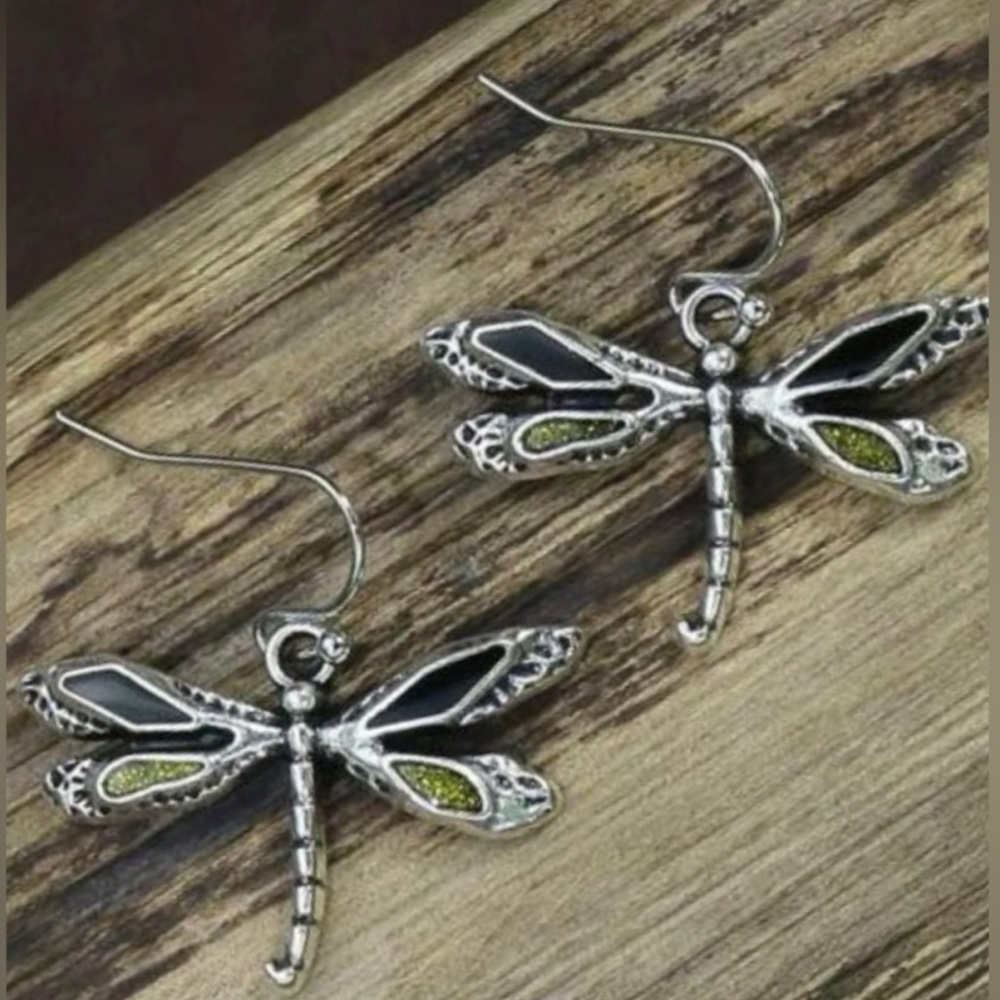 “Dragonfly” Firefly Silver Black & Green Iridescent Glitter Winged Insect Dangle - Picture 12 of 16